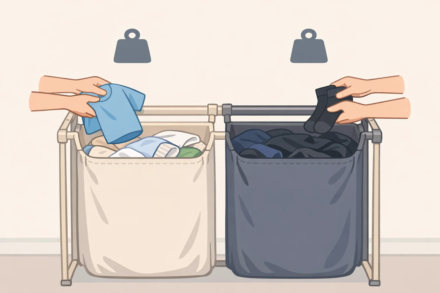 A bedroom double hamper showing two bins for lights and darks with weight-based groupings, plus sock clips and mesh bags next to the hamperpractical laundry hacks for faster, stain-free sorting