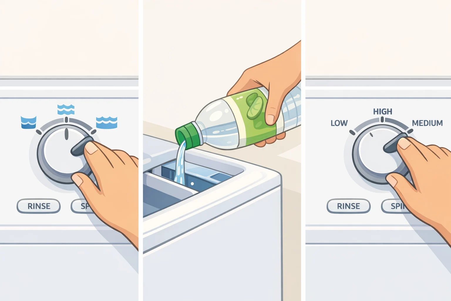 Washing machine control panel with an option to add distilled white vinegar to the rinse cycle, a half-full load indicator, and the spin speed set to the highest fabric-safe setting