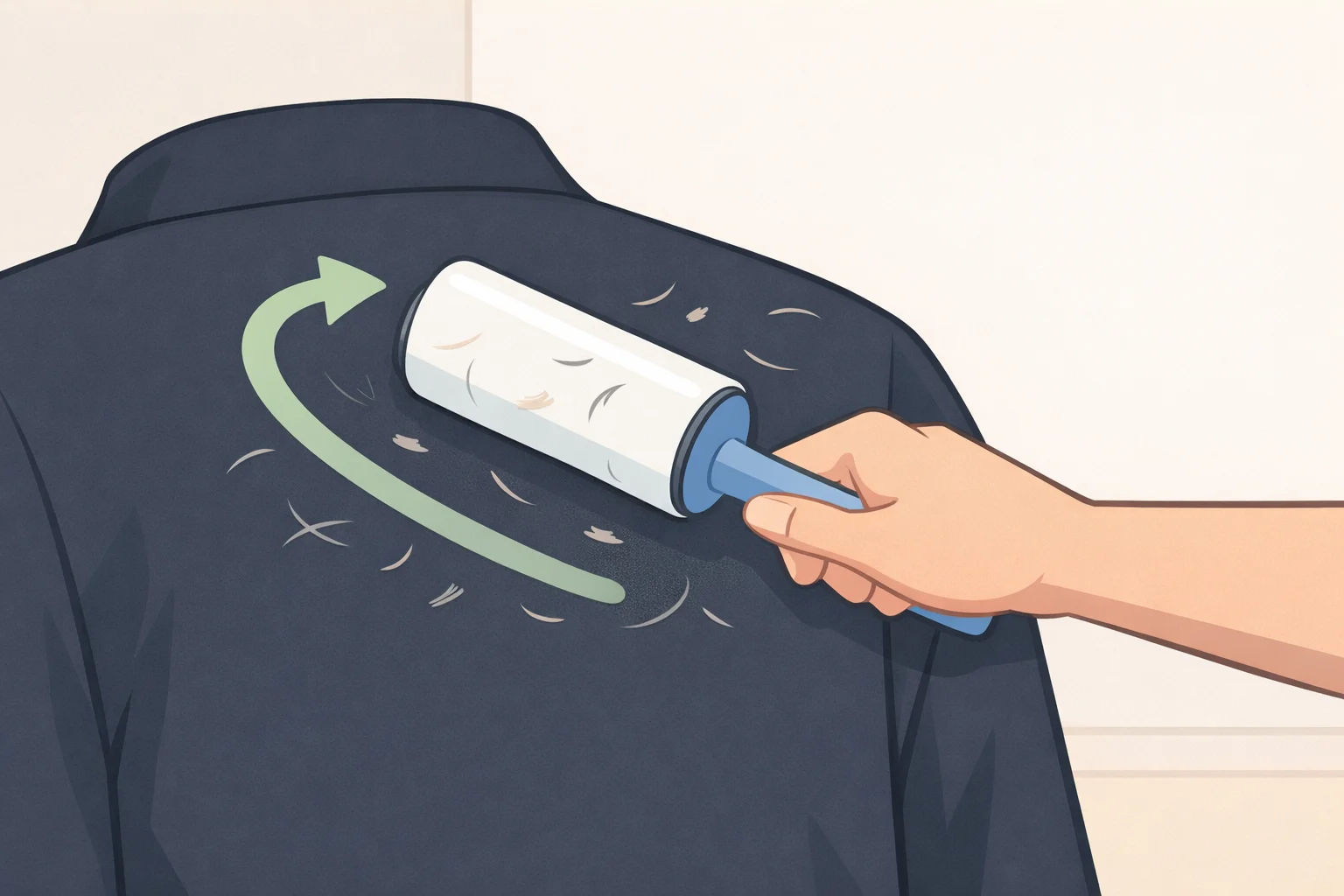 Person using a lint roller on fully dried black clothing to remove remaining pet hair strands that the wash left behind