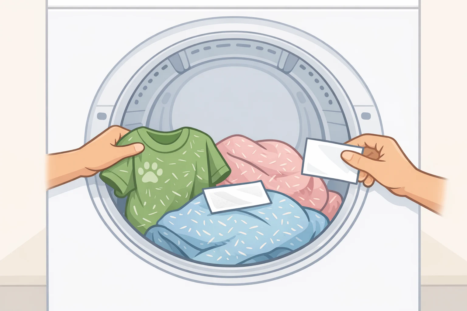 Close-up of loosely loaded dryer-safe pet bedding and clothes in a dryer with a single dryer sheet, showing the correct pre-wash setup for how to remove pet hair from clothes in the laundry