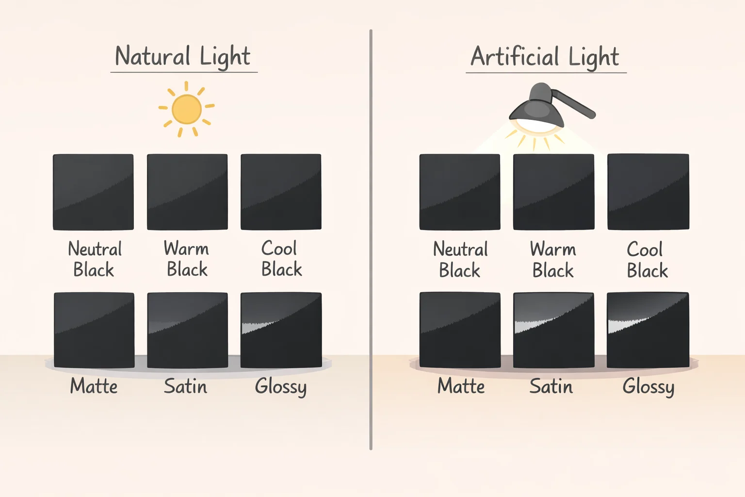 Photo showing multiple black paint test swatches with different undertones and sheens (matte, satin, semi-gloss) next to each other, illustrating how to make furniture look expensive with black paint by choosing the right light-reflecting finish