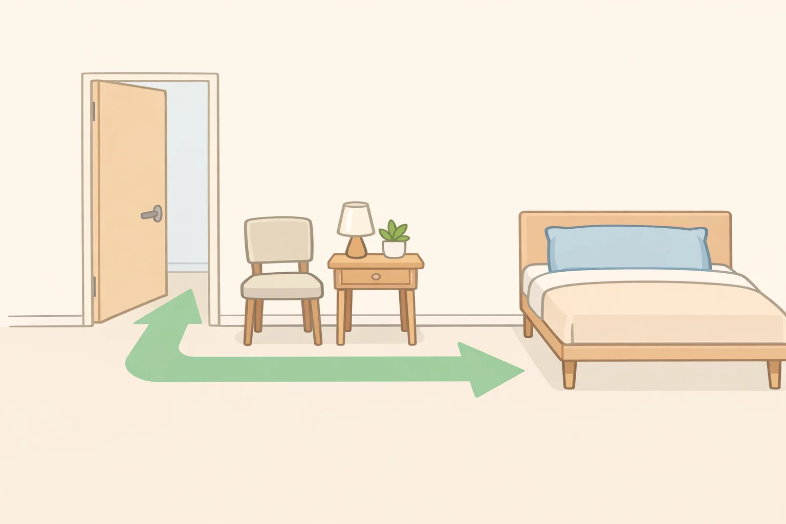 Diagram-style view of a small bedroom layout with wall-mounted floating nightstands and a legged ottoman, illustrating clear walking paths and more visible floor