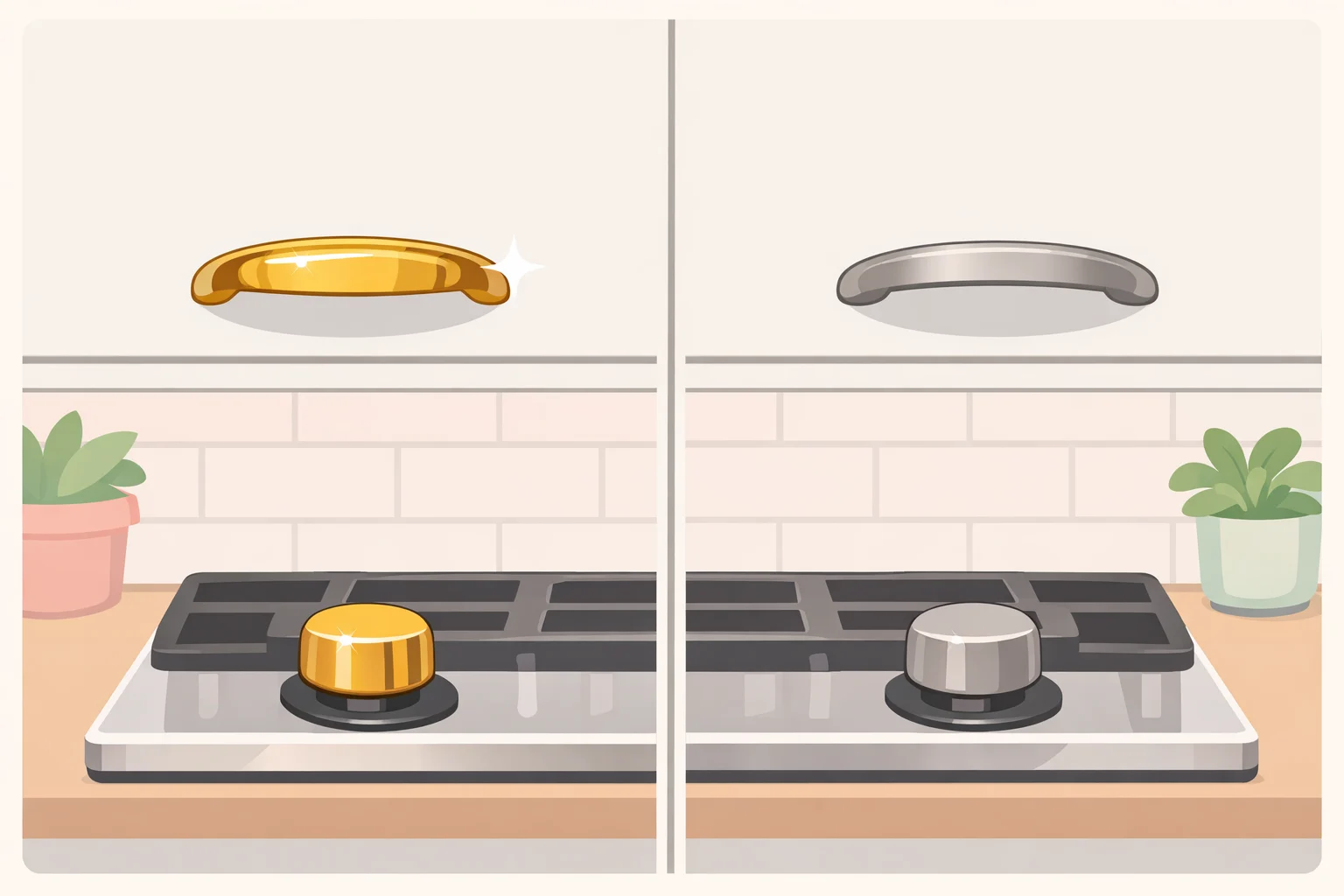 Side-by-side comparison of bright polished brass hardware versus brushed nickel and matte black hardware in a modern kitchen to show why shine can look dated