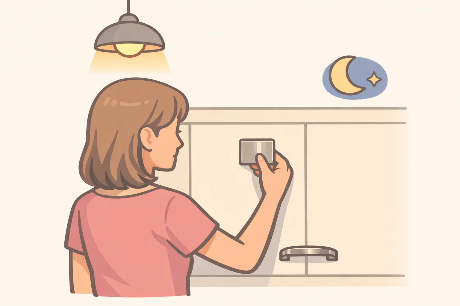 Person holding a polished nickel hardware sample next to cabinet doors while comparing how the finish reads in evening light