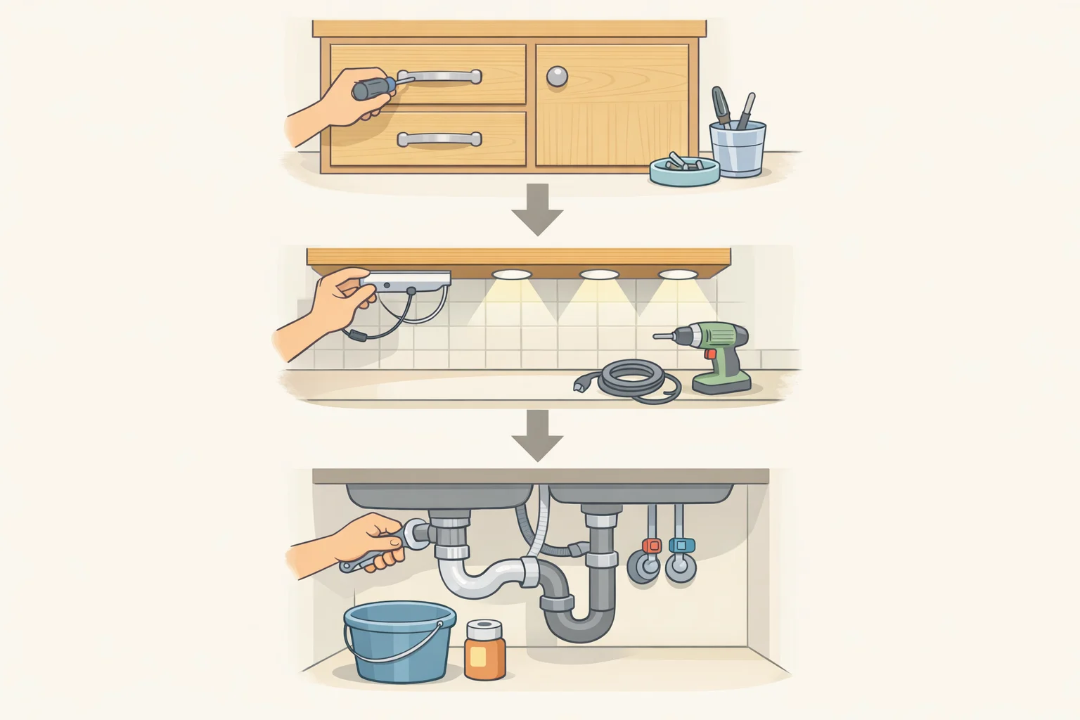 Infographic of a kitchen showing cabinet pulls and knobs first, then lighting fixtures, and plumbing fixtures last when choosing polished nickel finishes