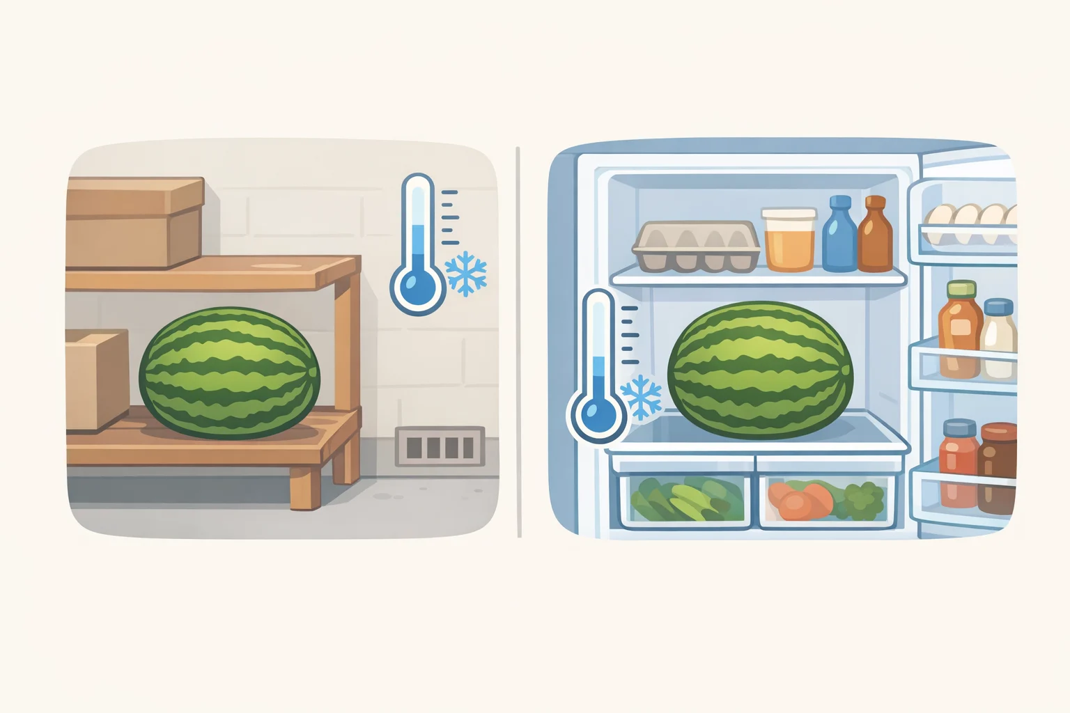Diagram of where to store a whole watermelon: in a cool 50–60°F space with high humidity or in a refrigerator set no lower than about 37°F, with arrows pointing away from ethylene-producing fruits like apples and bananas