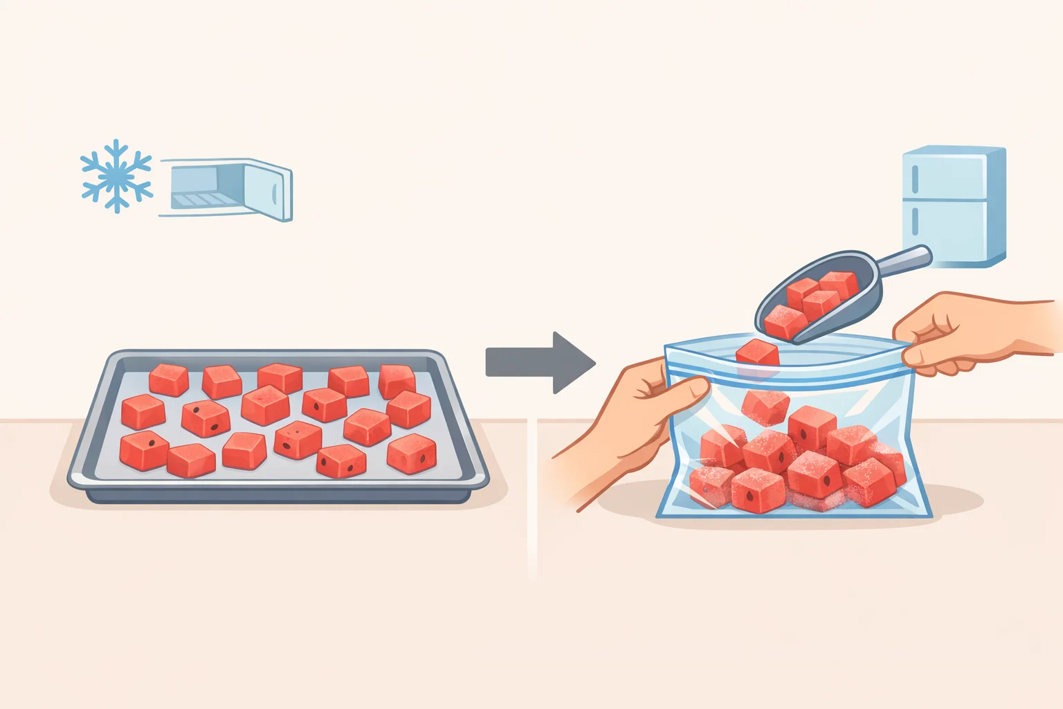 Step-by-step image of removing the rind, freezing watermelon flesh in a single layer on a baking sheet until solid, then moving it to an airtight bag for up to six months for smoothies and slushies