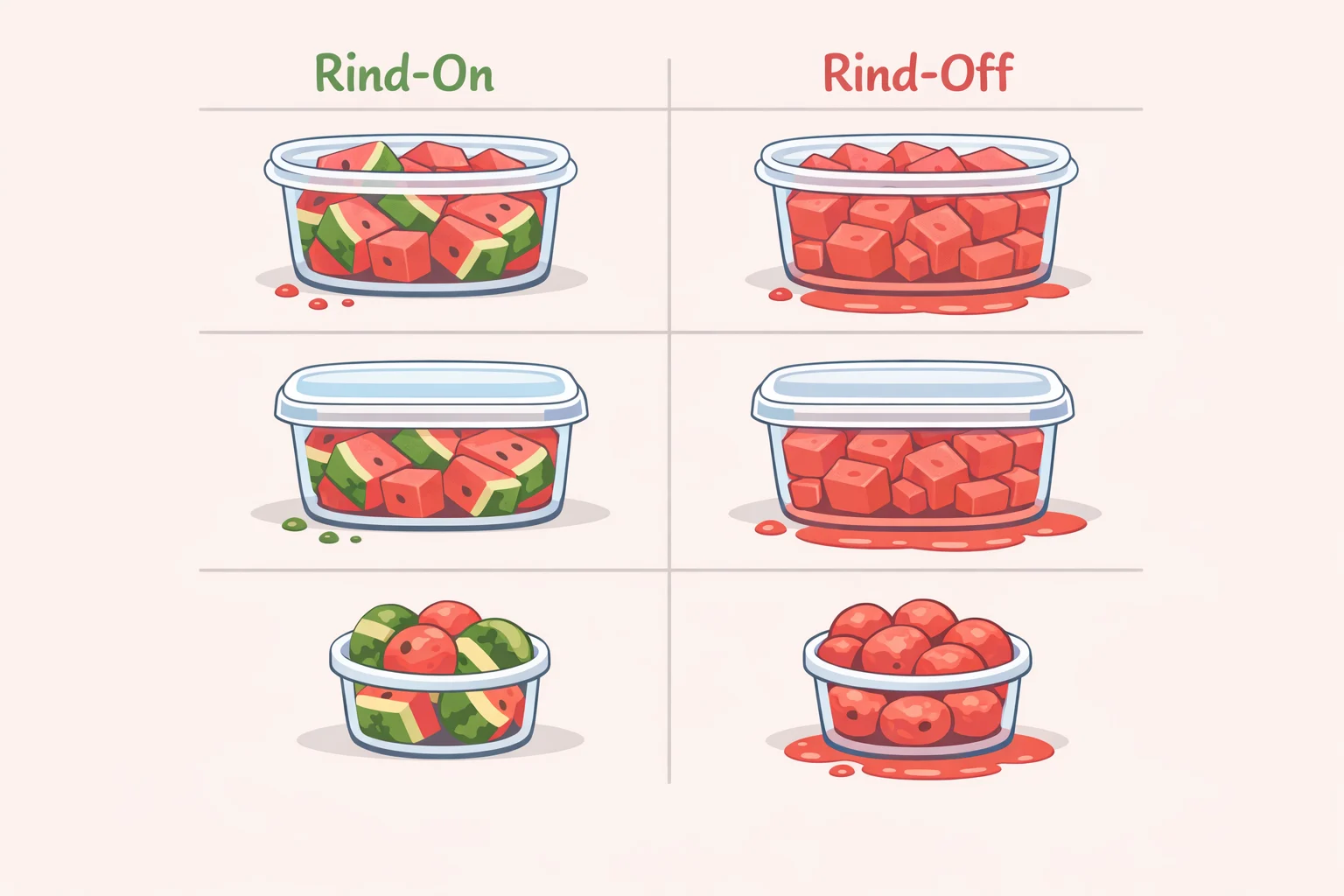 Side-by-side comparison of rind-on large wedges and peeled cubes of watermelon in airtight containers, highlighting reduced juice leakage when the rind stays on (related to how to store watermelon effectively)