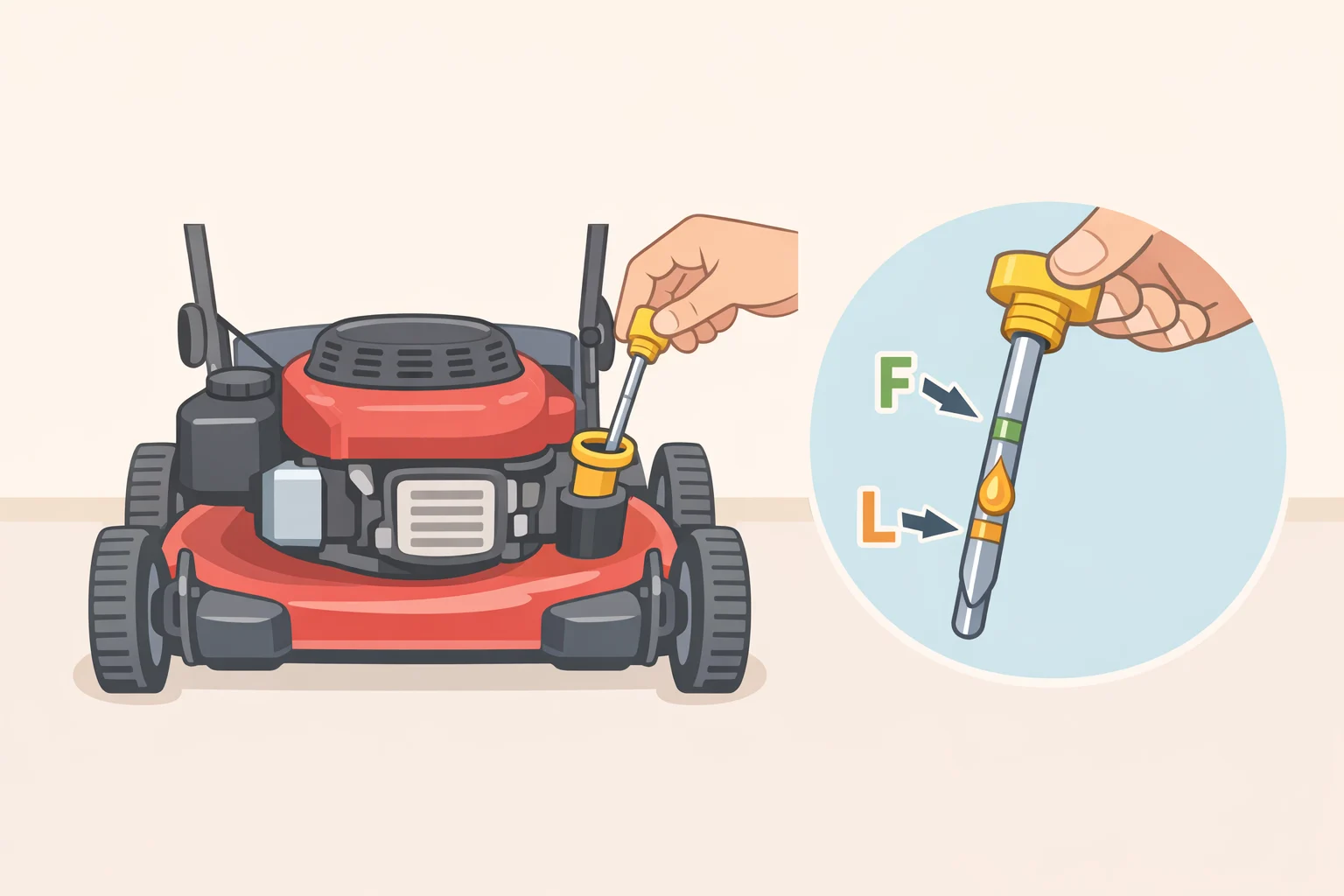 Close-up of a lawn mower dipstick showing correct oil level between low and full marks before learning how to tip a lawn mower over safely