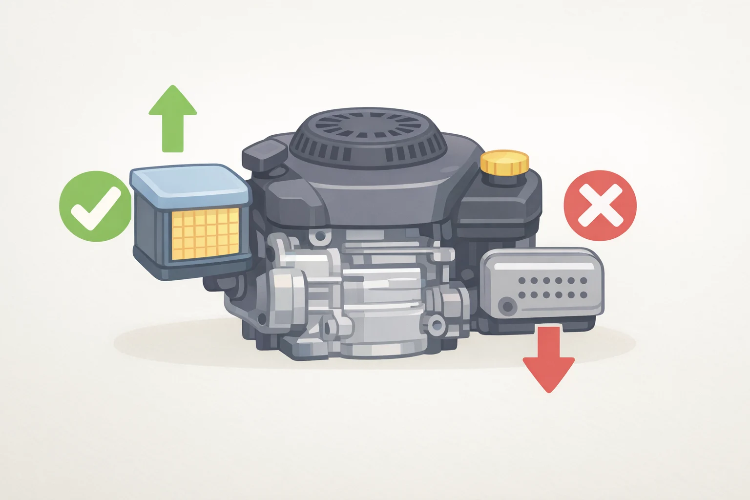 Diagram labeling the lawn mower air filter housing pointing upward and the muffler pointing downward to show the correct tipping direction