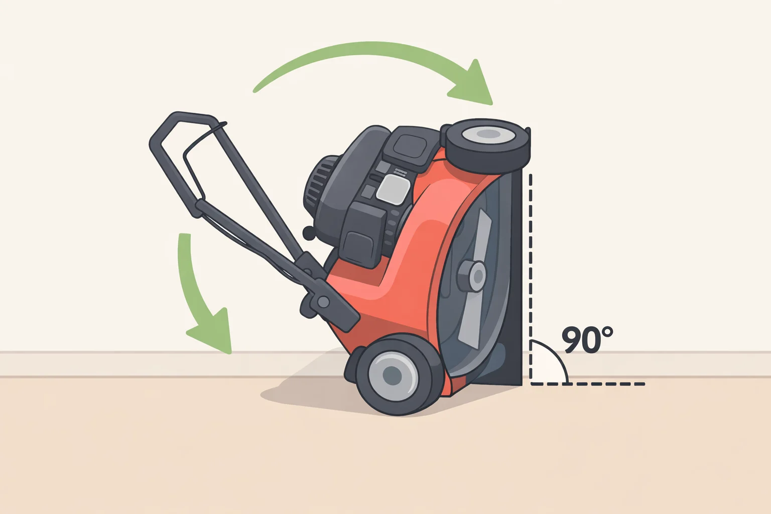 Lawn mower tipped with the air-filter side up and muffler side down, braced at 90 degrees to prevent rolling during maintenance
