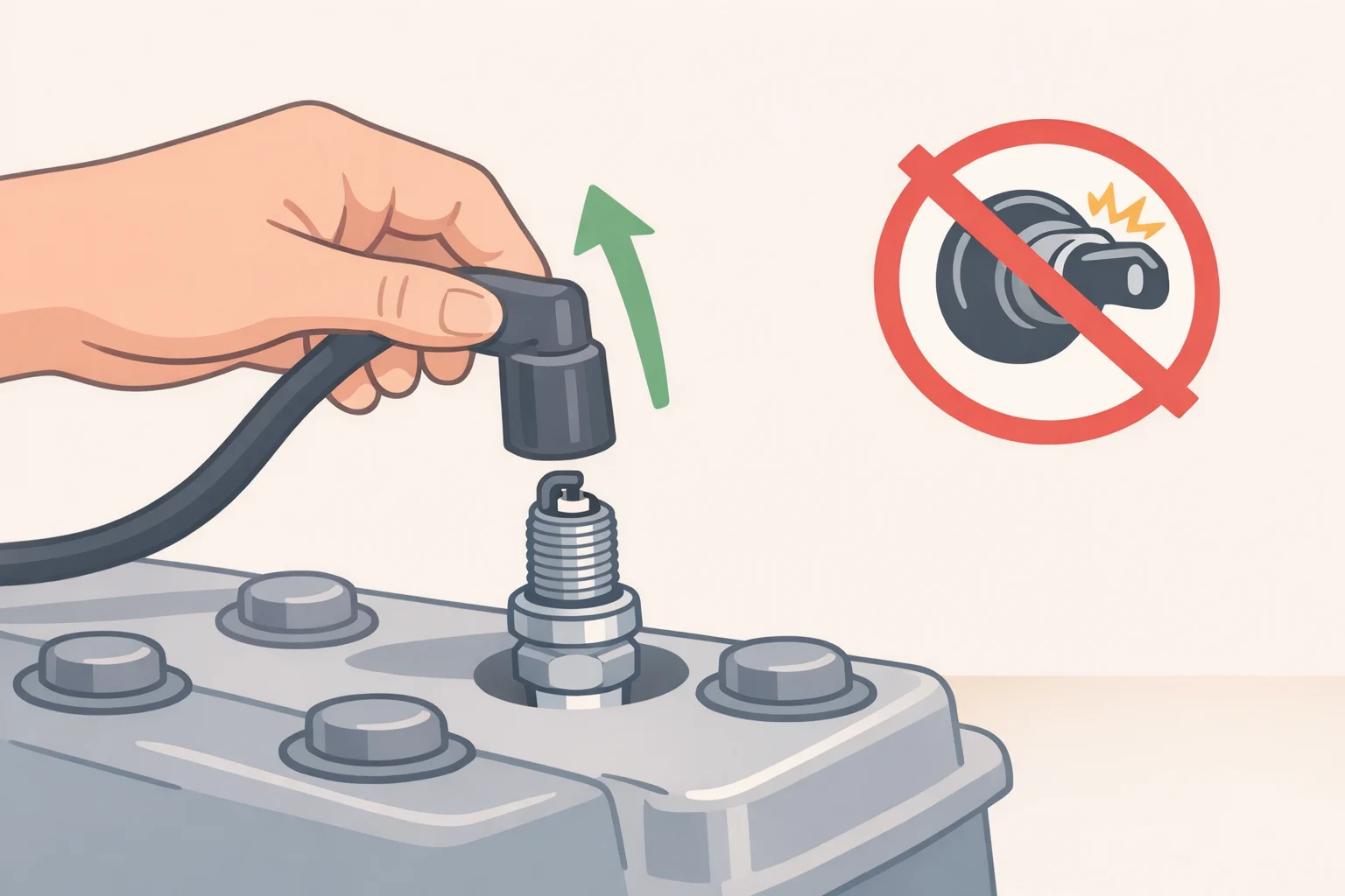 Illustration of someone pulling the spark plug boot from the spark plug terminal before working near the blade