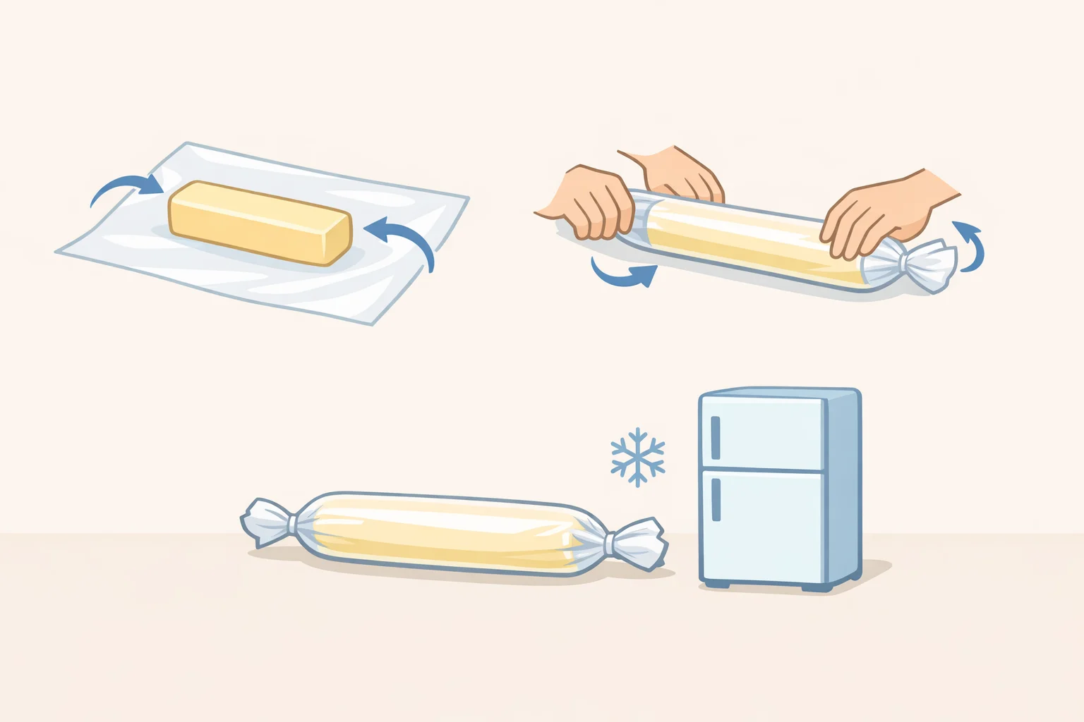 Illustration of a seasoned compound butter log rolled into a tight cylinder inside parchment or plastic wrap, ready to chill