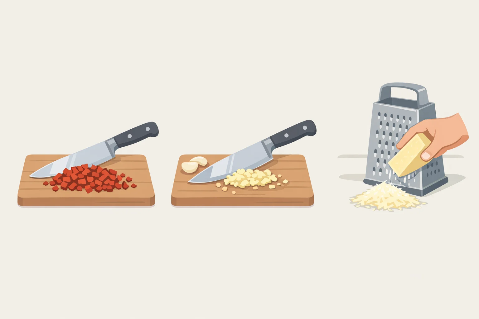 Close-up illustration of sun-dried tomatoes finely chopped, garlic minced (or mashed into paste), and Parmesan grated for a marry me butter recipe log