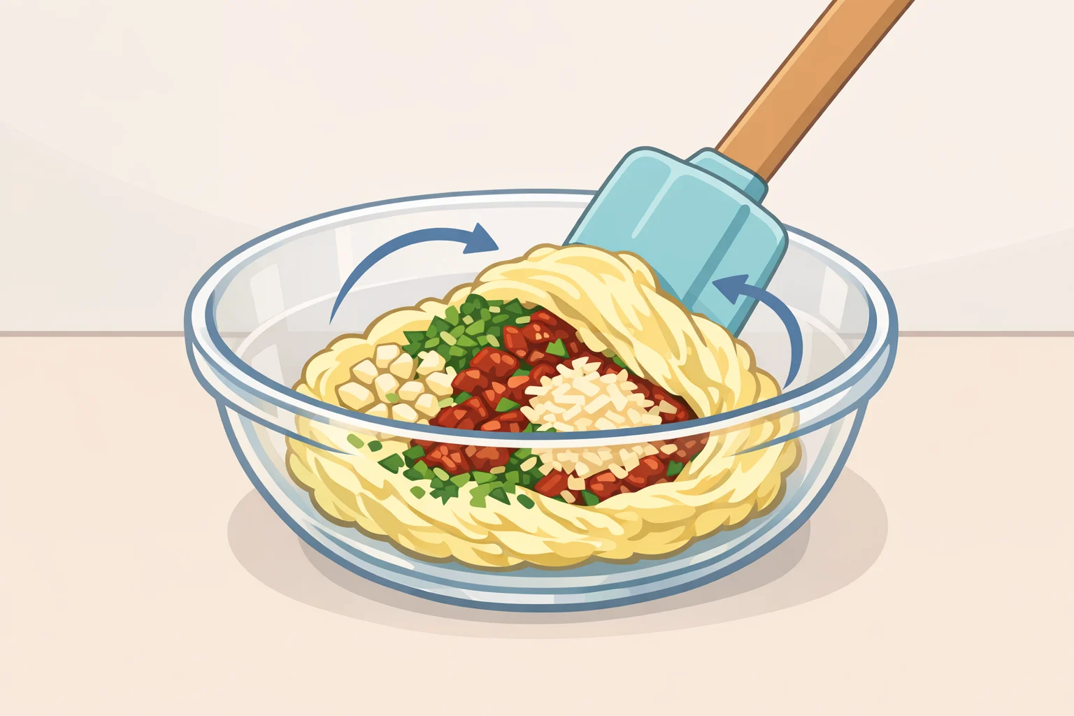 Illustration of a spatula folding garlic, sun-dried tomatoes, Parmesan, and dried herbs into softened butter to evenly combine the aromatics