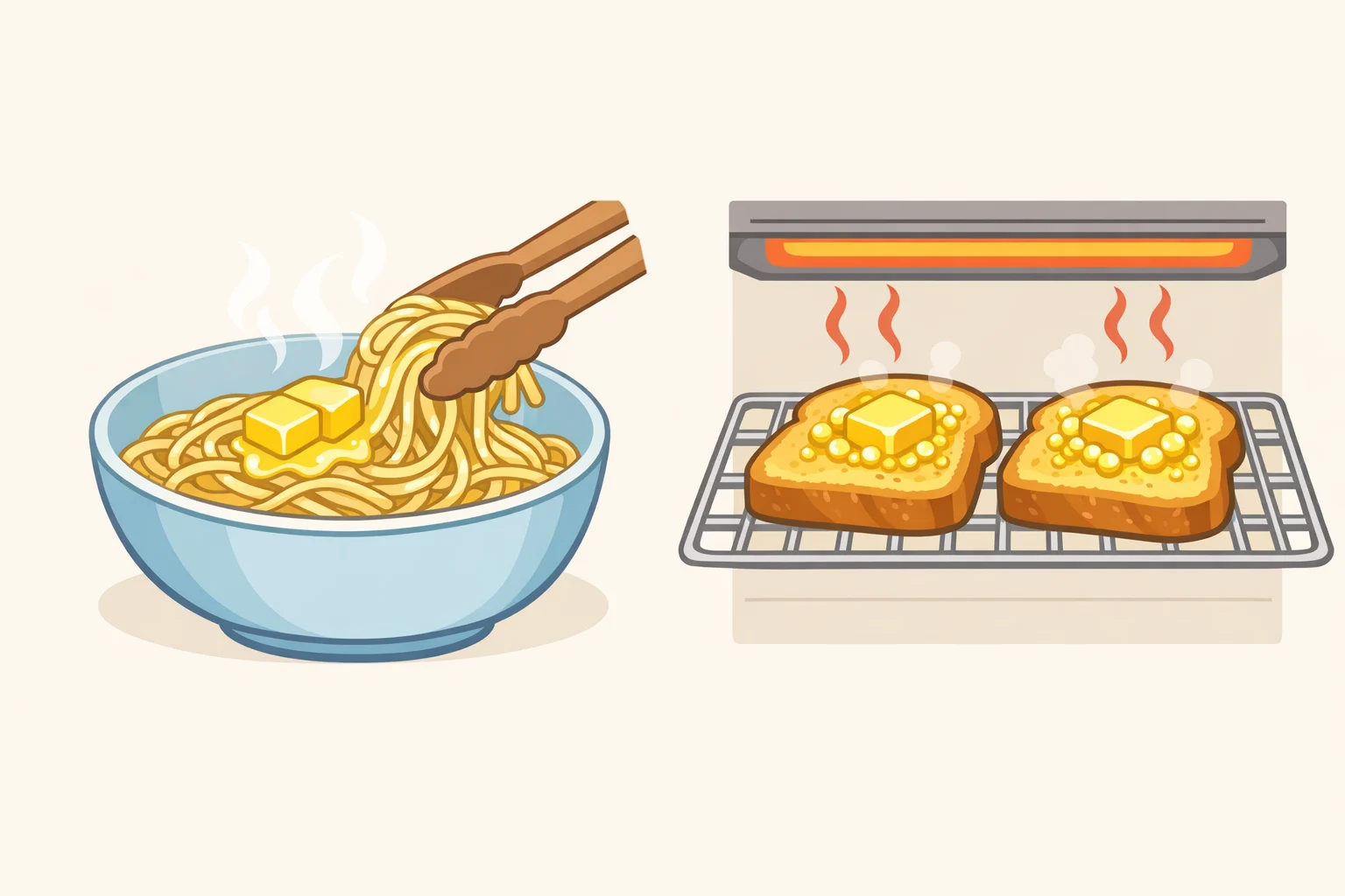 Illustration of hot pasta tossed with slices of marry me butter to form a glossy coating and thick-cut broiled bread bubbling with the savory garlic and Parmesan spread, marry me butter recipe