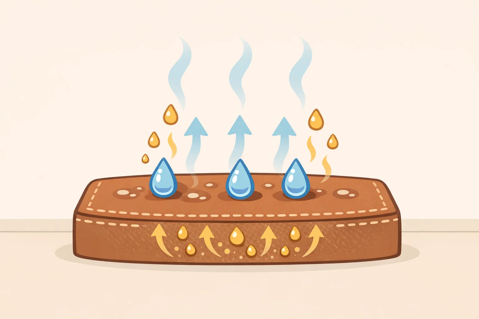 Diagram explaining how to clean a leather jacket before storing by showing moisture bonding to leather oils and causing drying-related cracking and discoloration