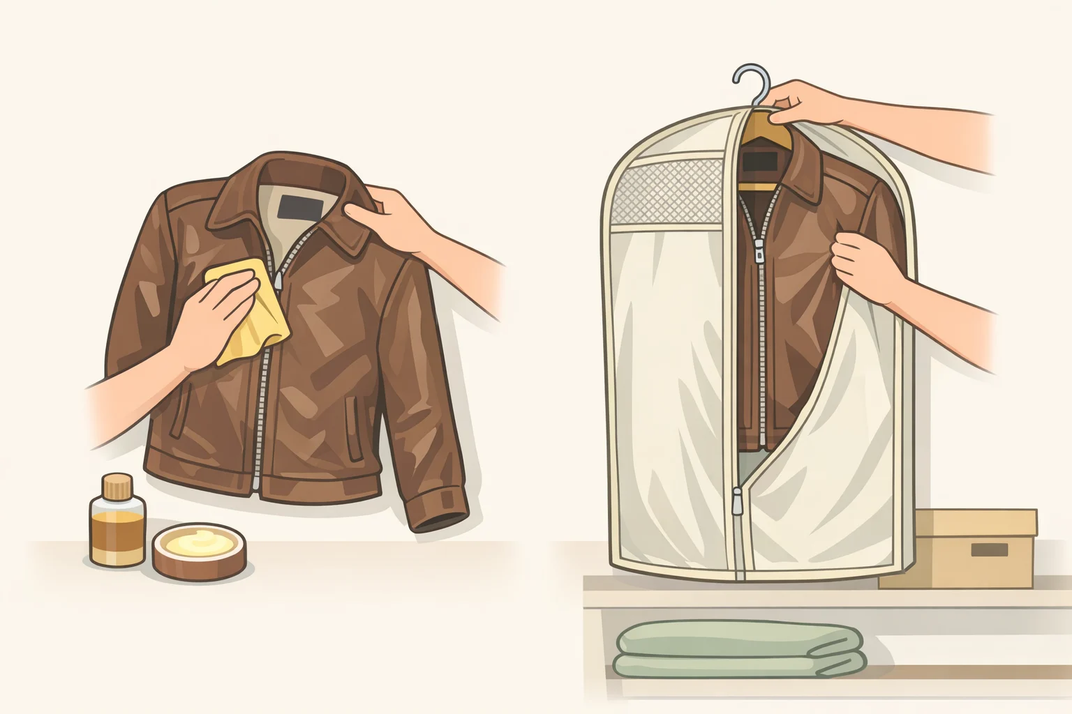 Set of storage setup options showing a wide padded hanger, a breathable cotton garment bag (not plastic), and acid-free tissue stuffed sleeves for long-term summer storage