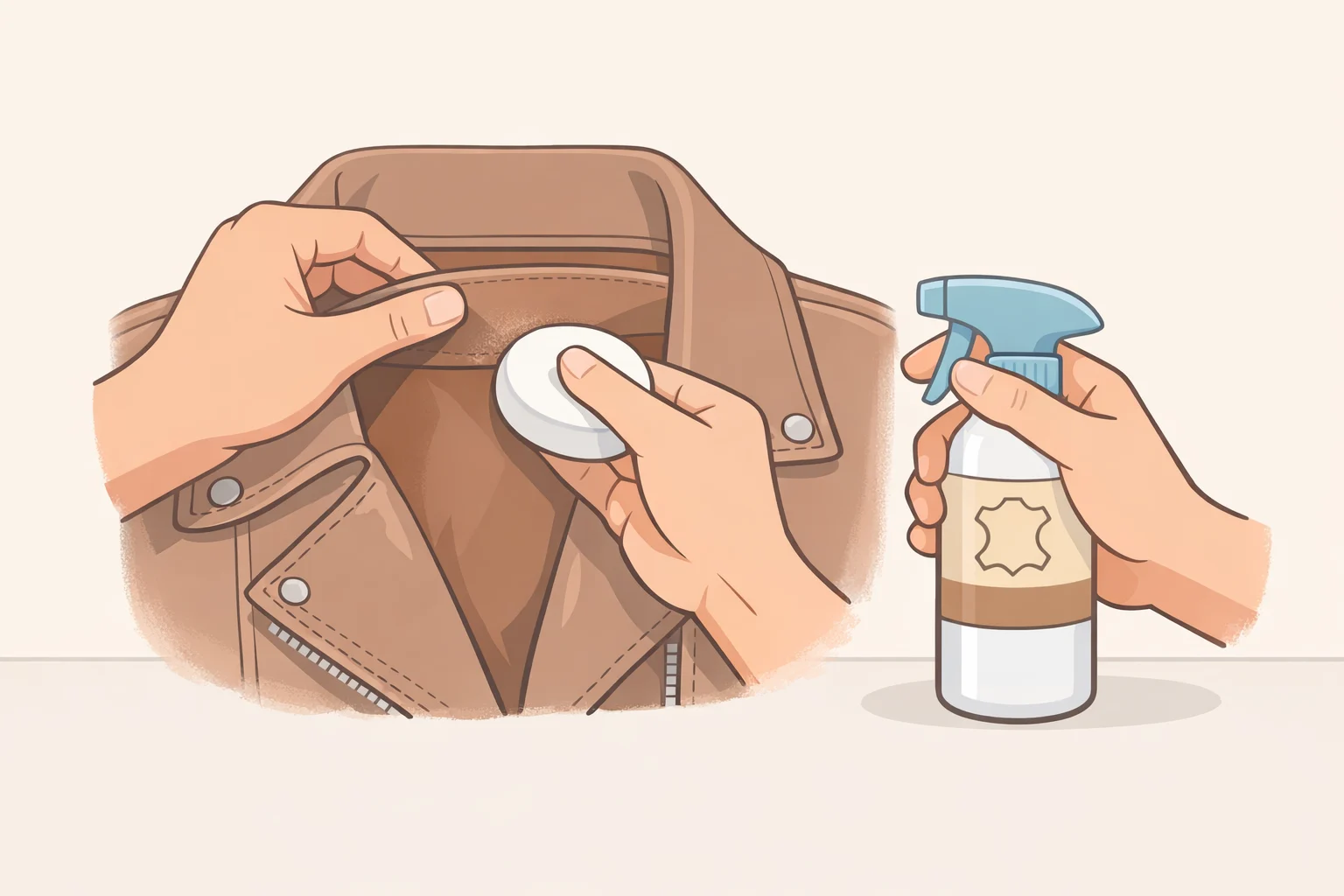 Close-up of a patch test where a small amount of leather cleaner is applied to the underside of a collar to check for color bleed before cleaning