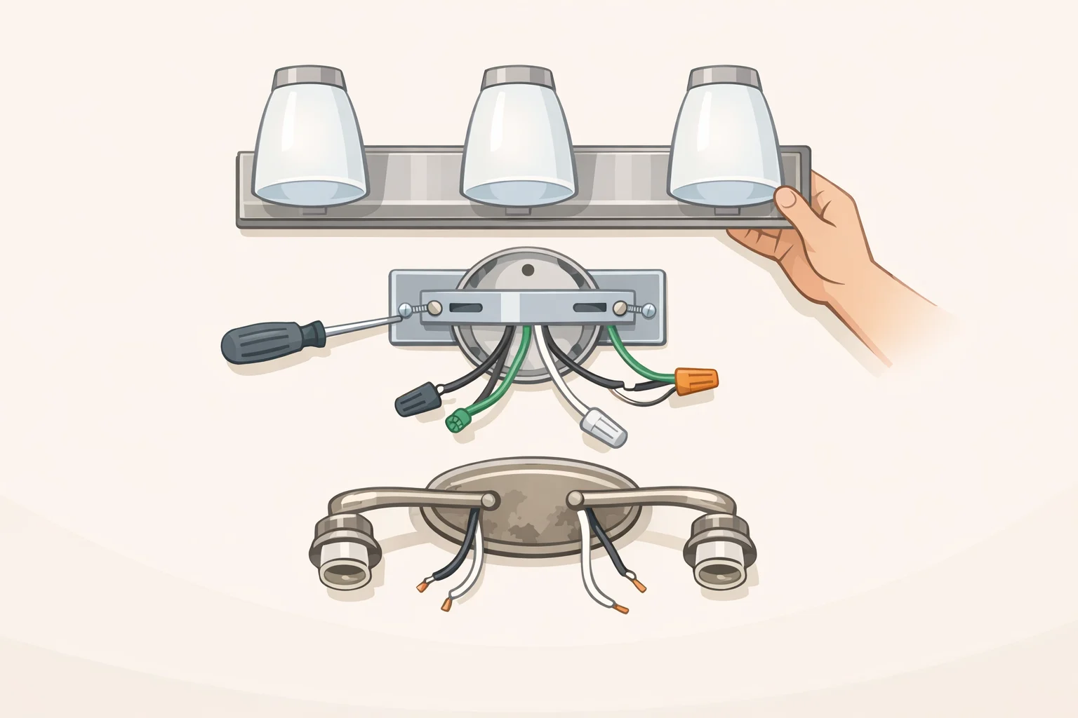 Photo sequence showing a bathroom vanity light replacement, including aligning the new fixture's canopy over the existing wall cutout and securing it in place