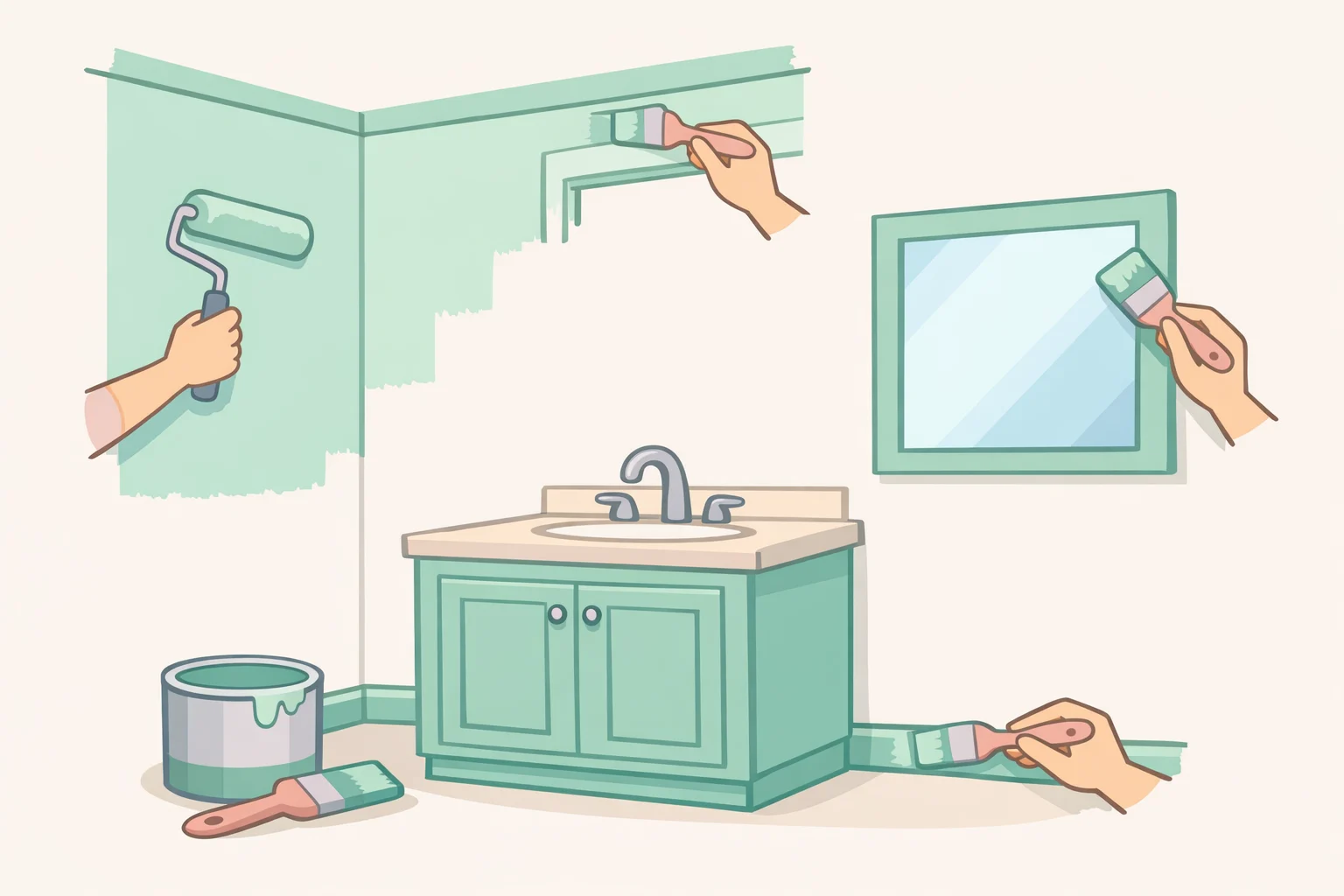 Before-and-after style bathroom image showing a small vanity area updated with matching paint on walls, ceiling, trim, vanity, and mirror frame