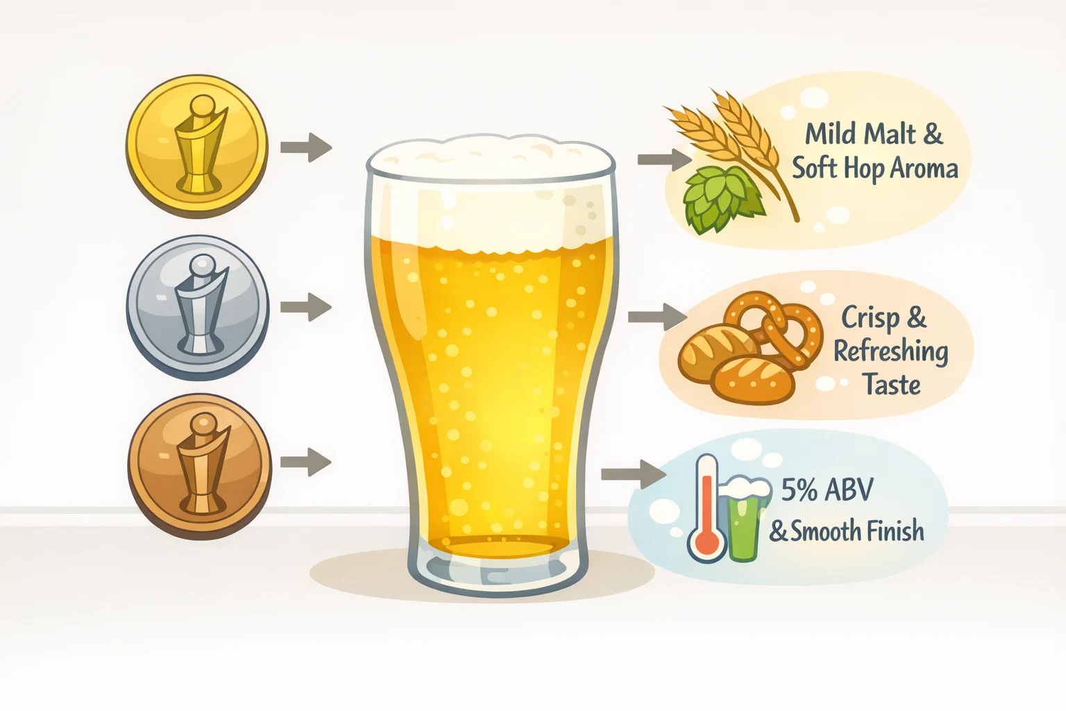 Graphic showing Kirkland Signature Helles Lager receiving World Beer Cup medals alongside a German helles-style flavor profile and 4.5% ABV