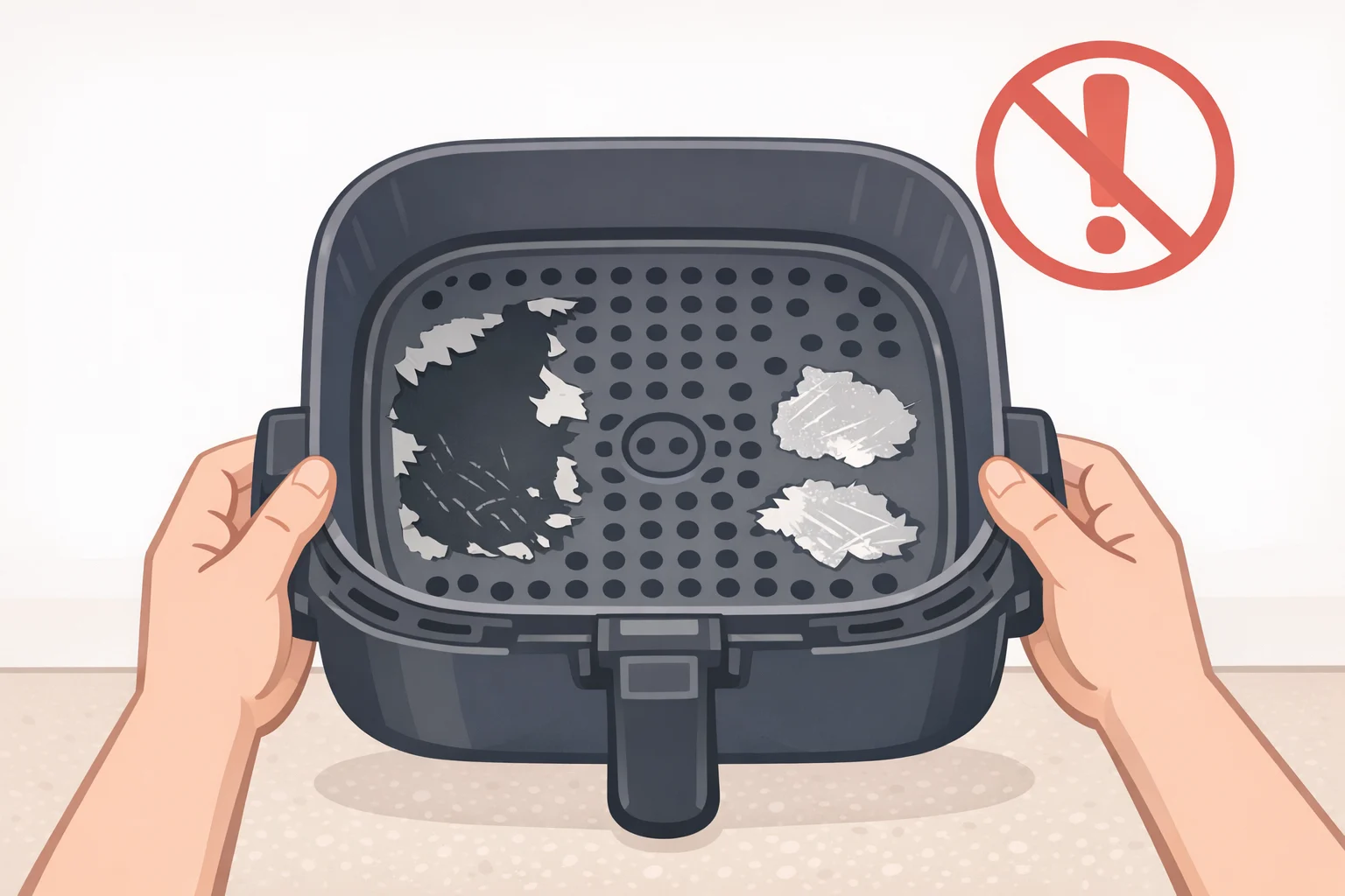 Close-up of an air fryer basket with visible peeling nonstick coating and exposed metal indicating the basket needs replacement