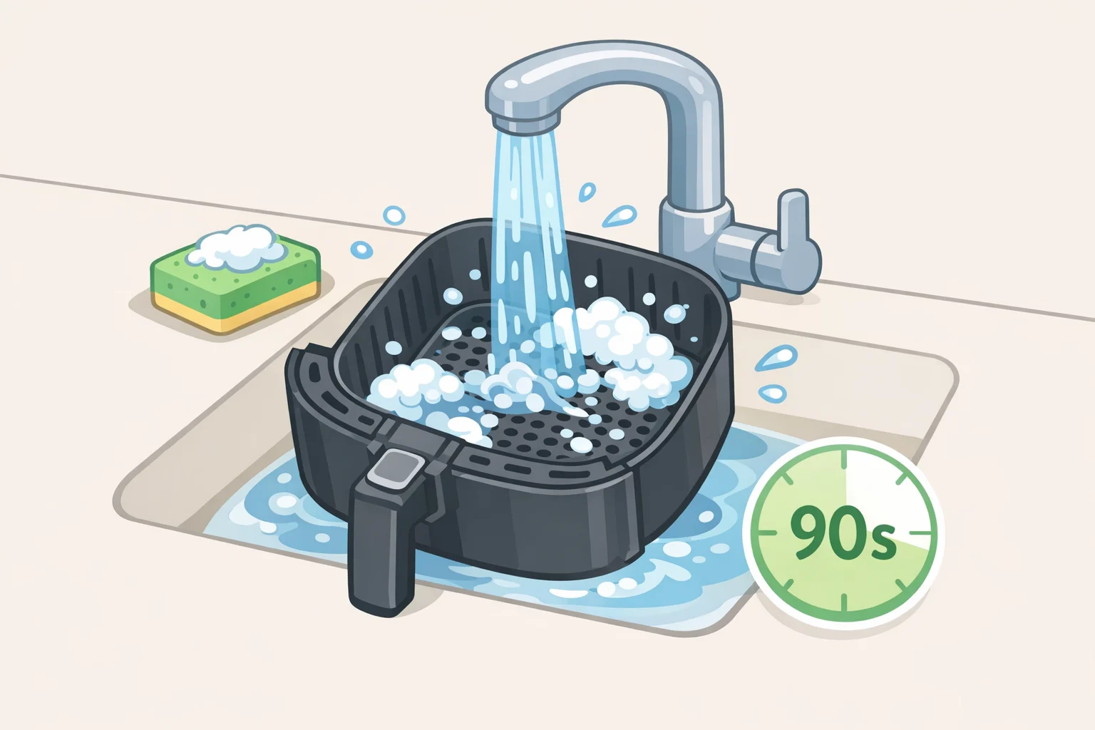 A person doing the 90-second rinse after cooking to keep from needing aggressive scrubhow to clean a greasy air fryer basket the safe way for nonstick coatings