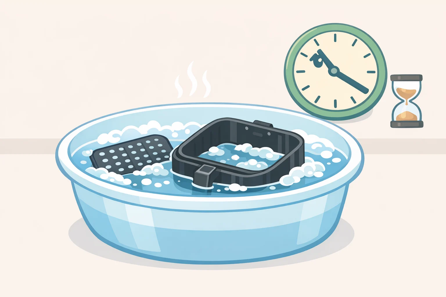 Air fryer basket and crisper plate fully submerged in a basin of warm soapy water for soaking baked-on residue