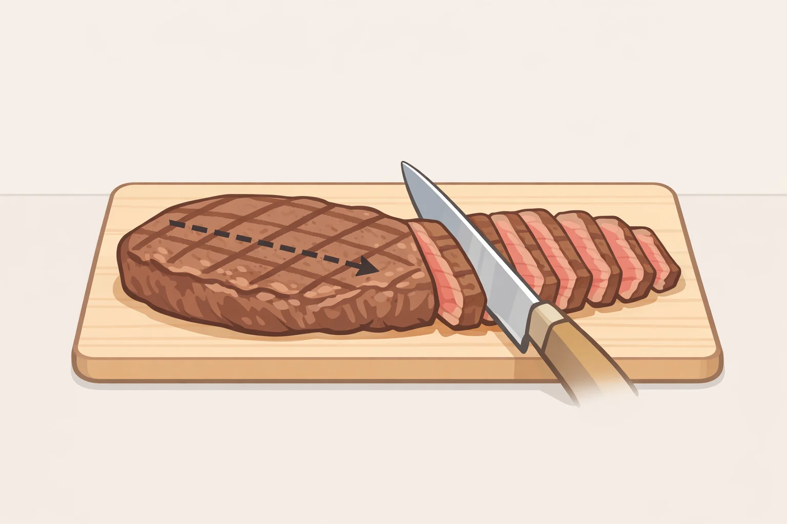 A rested grilled steak being sliced against the grain to show tender muscle fibers and evenly distributed juices
