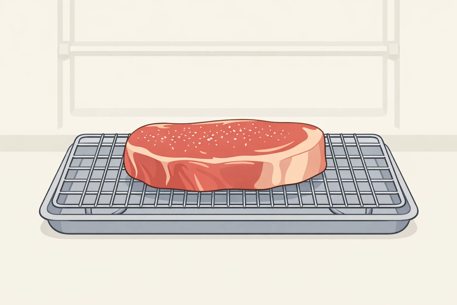 Steak resting on a wire rack uncovered in the refrigerator overnight to dry the surface for how to grill steak perfectly