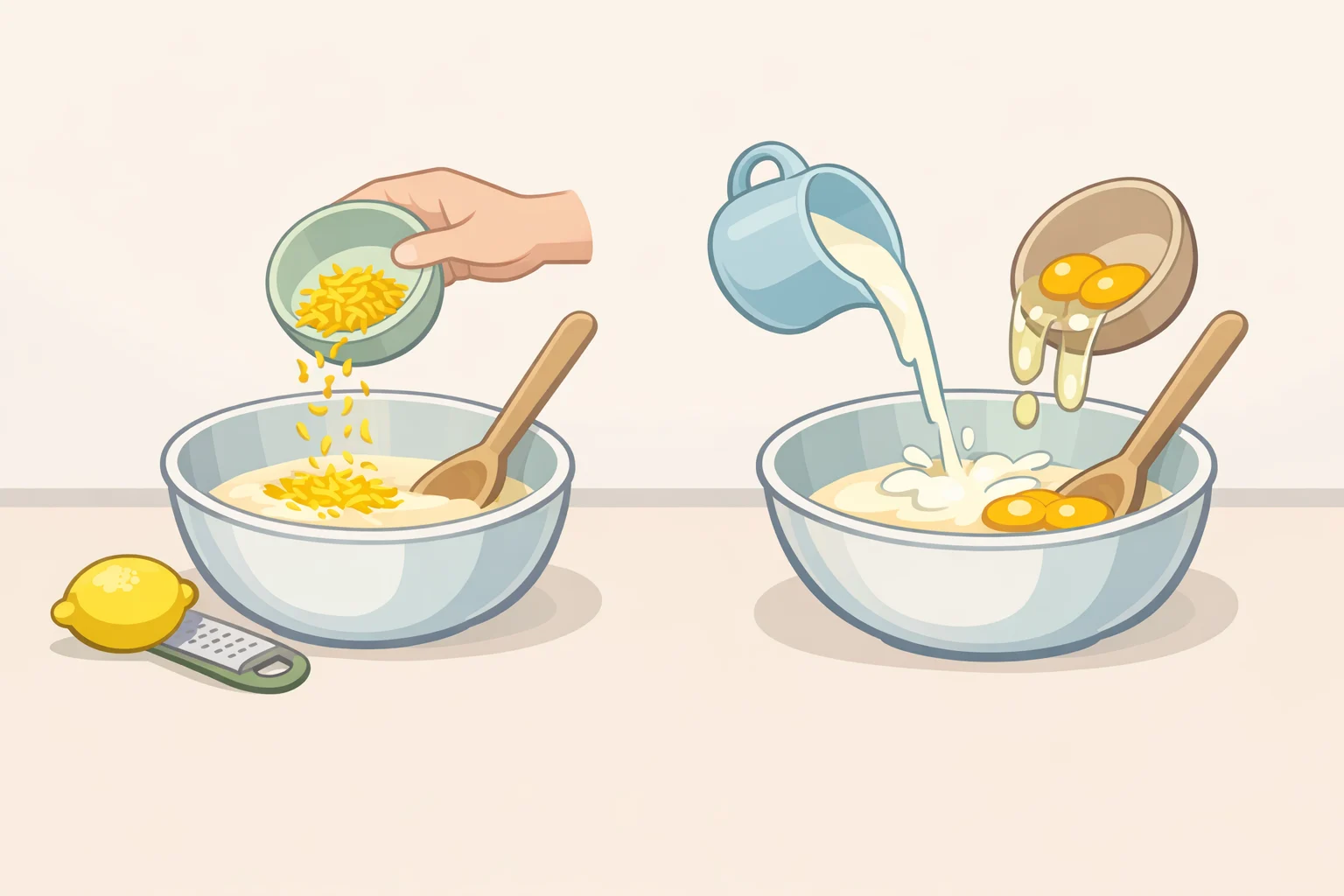 Illustration of milk, eggs, vegetable oil, and fresh lemon zest being poured and stirred into boxed lemon cake mix to create a thicker batter