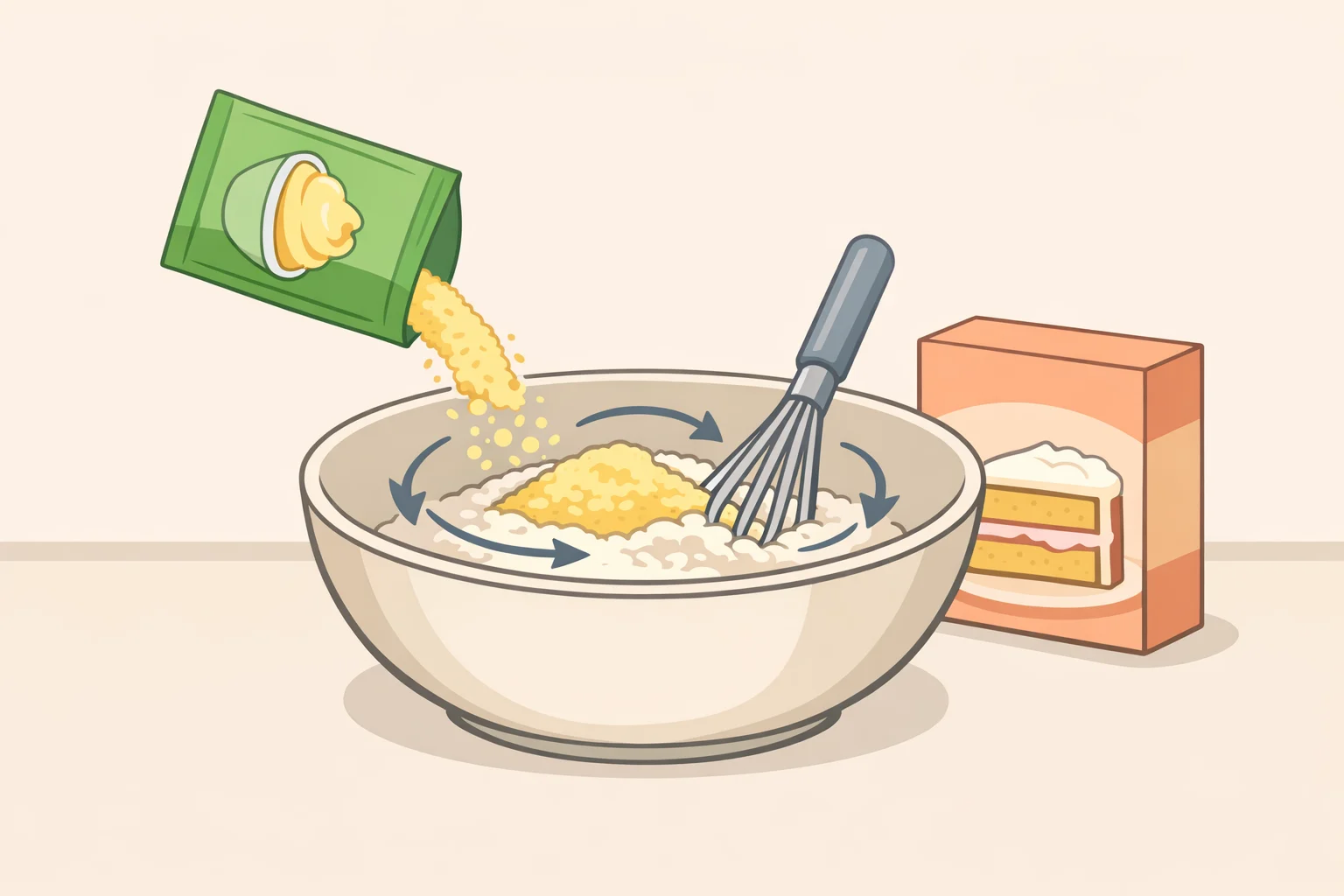 Illustration of whisking dry instant lemon pudding powder into lemon box cake mix so the pudding distributes evenlyhow to make lemon box cake mix taste homemade