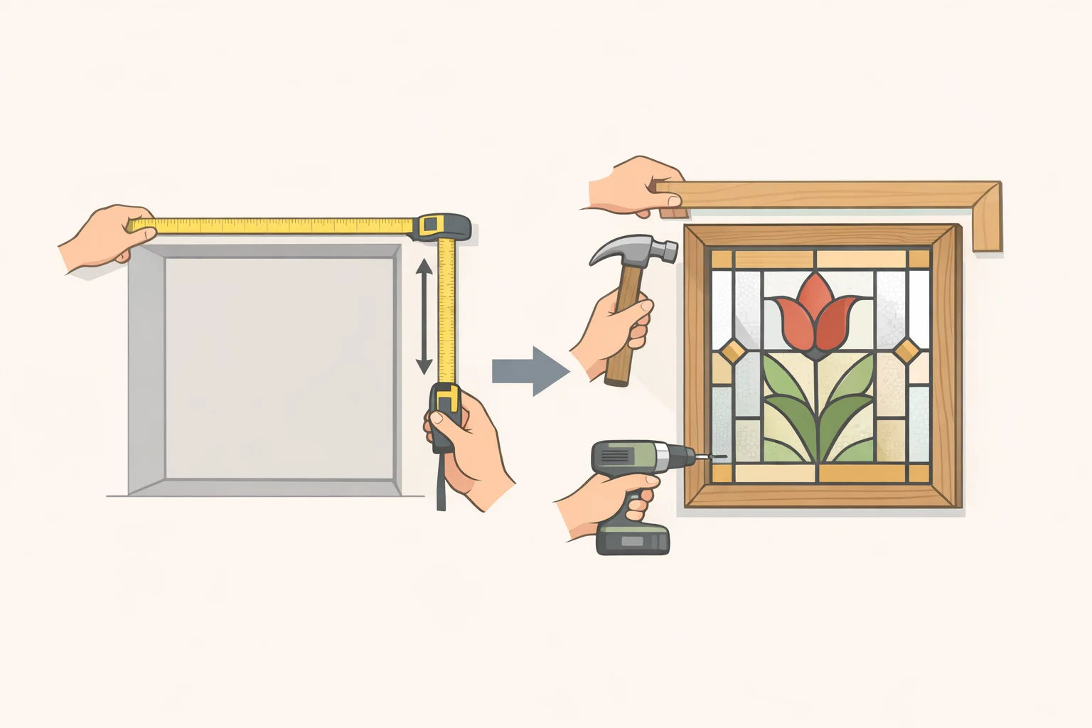 Illustration of a reclaimed stained glass panel held up to a dining nook window opening with a measuring tape and carpenter's frame