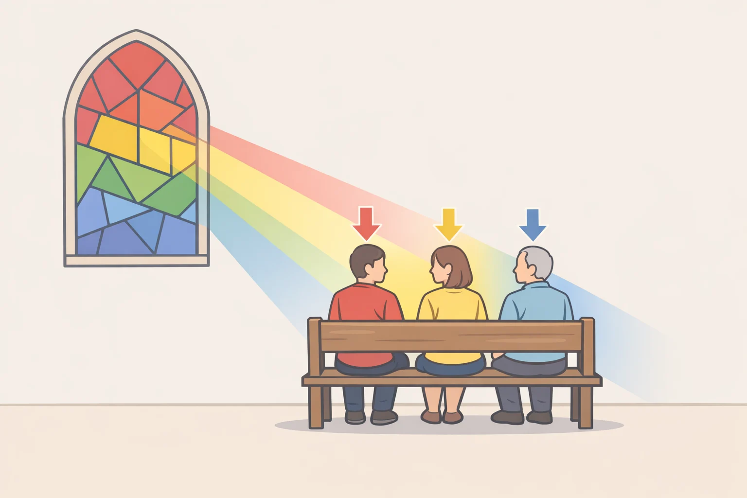 Illustration of a bench in a dining nook aligned so seated occupants face a stained-glass window and receive colored light across the table