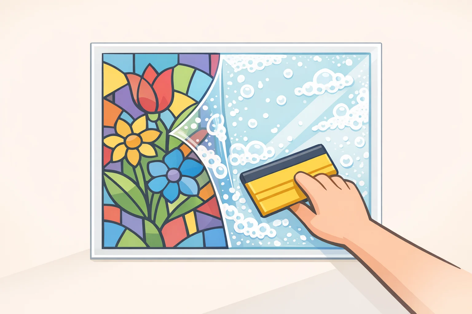 Step-by-step illustration of applying vinyl stained-glass film to plexiglass with a spray bottle, soapy water, and squeegee for a DIY dining nook refresh