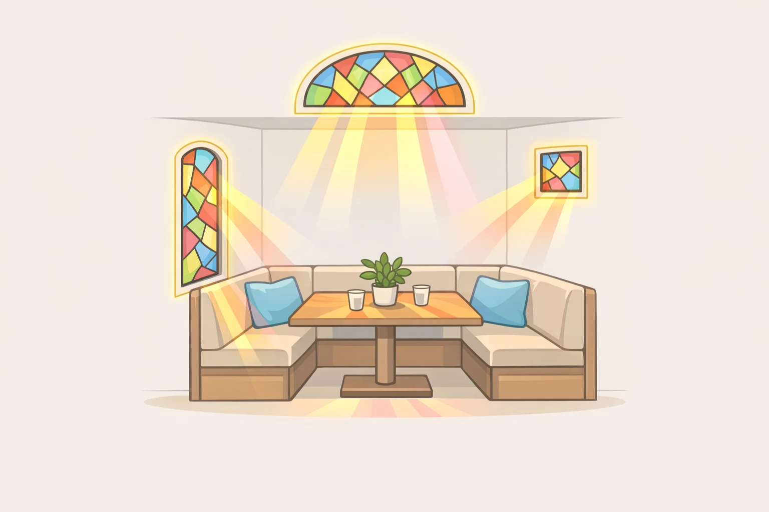 Floor-plan style diagram showing a stained glass dining nook makeover concept with transmitted daylight from a window, skylight, and cabinet/glass insert