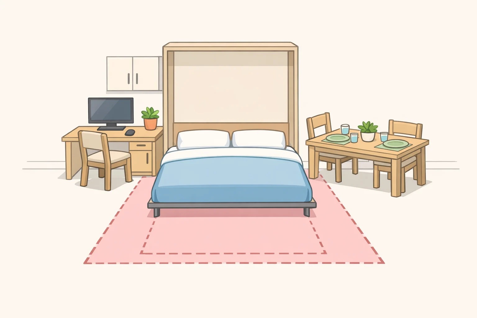 Floor plan illustration for murphy bed dining room ideas showing how an extendable dining table stays in place while a concealed queen Murphy bed folds down without moving furniture