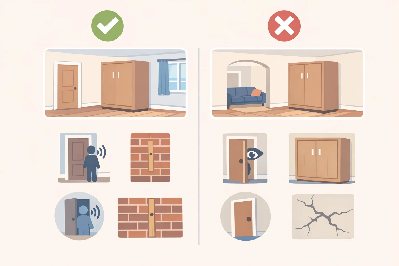 Checklist-style diagram comparing good vs harder candidates for Murphy bed dining room ideas, including enclosed-room privacy, confirmed structural wall, and whether a pocket door or separation is available