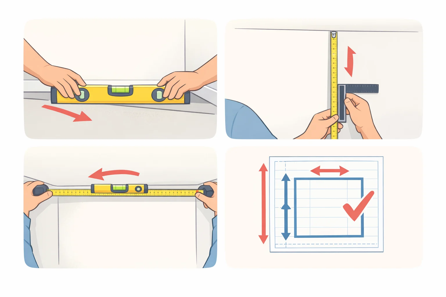 Illustration of installers taking multiple measurements on an out-of-level 100-year-old condo wall to align a plumb and square built-in Murphy bed bookshelf