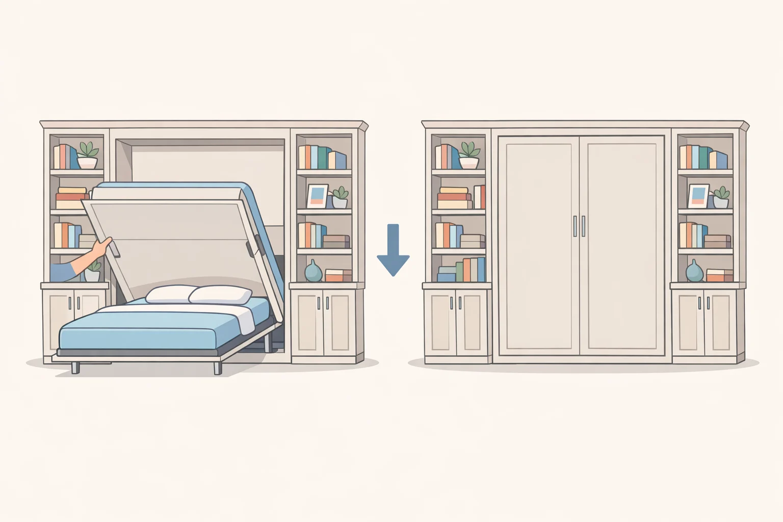 Wall-bed concealment illustration showing a built-in Art Deco bookshelf wall where brass pulls, continuous walnut shelving, and a deep teal panel blend in until the queen Murphy bed is pulled down