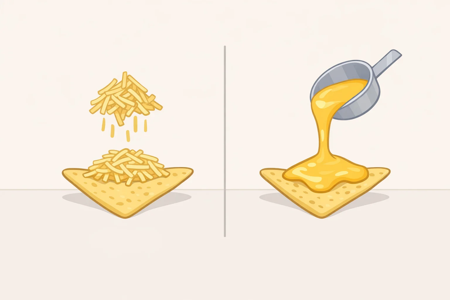 Split-screen comparison of a mexican street corn nachos recipe: option A scatters grated Monterey Jack on chips before baking, while option B makes a smooth cheese sauce and pours it over toasted chips for more even coverage