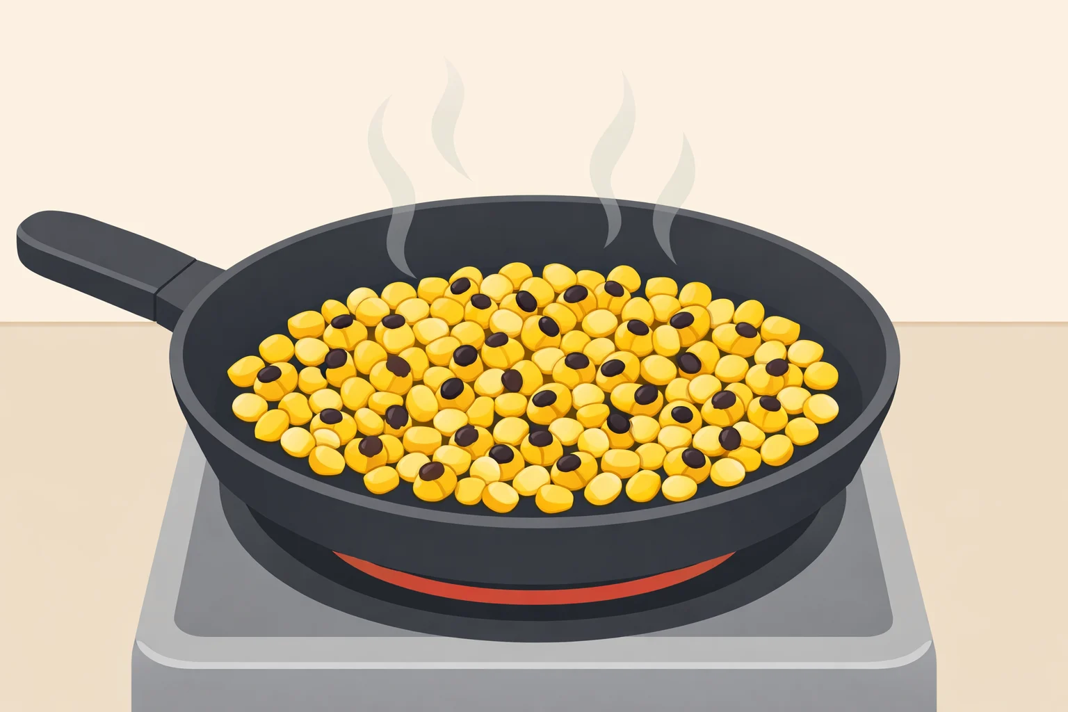 Close-up of corn kernels sizzling in a hot cast-iron skillet with oil shimmering, showing dark char spots from high-heat stirring technique