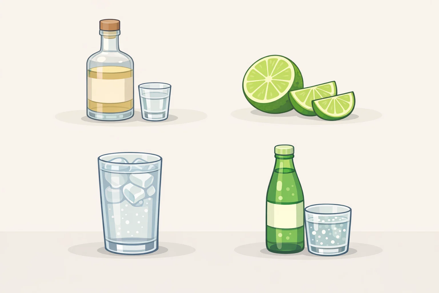 A flat-lay of the classic how to make ranch water ingredients: reposado tequila, orange liqueur, fresh lime juice, and a bottle of Topo Chico