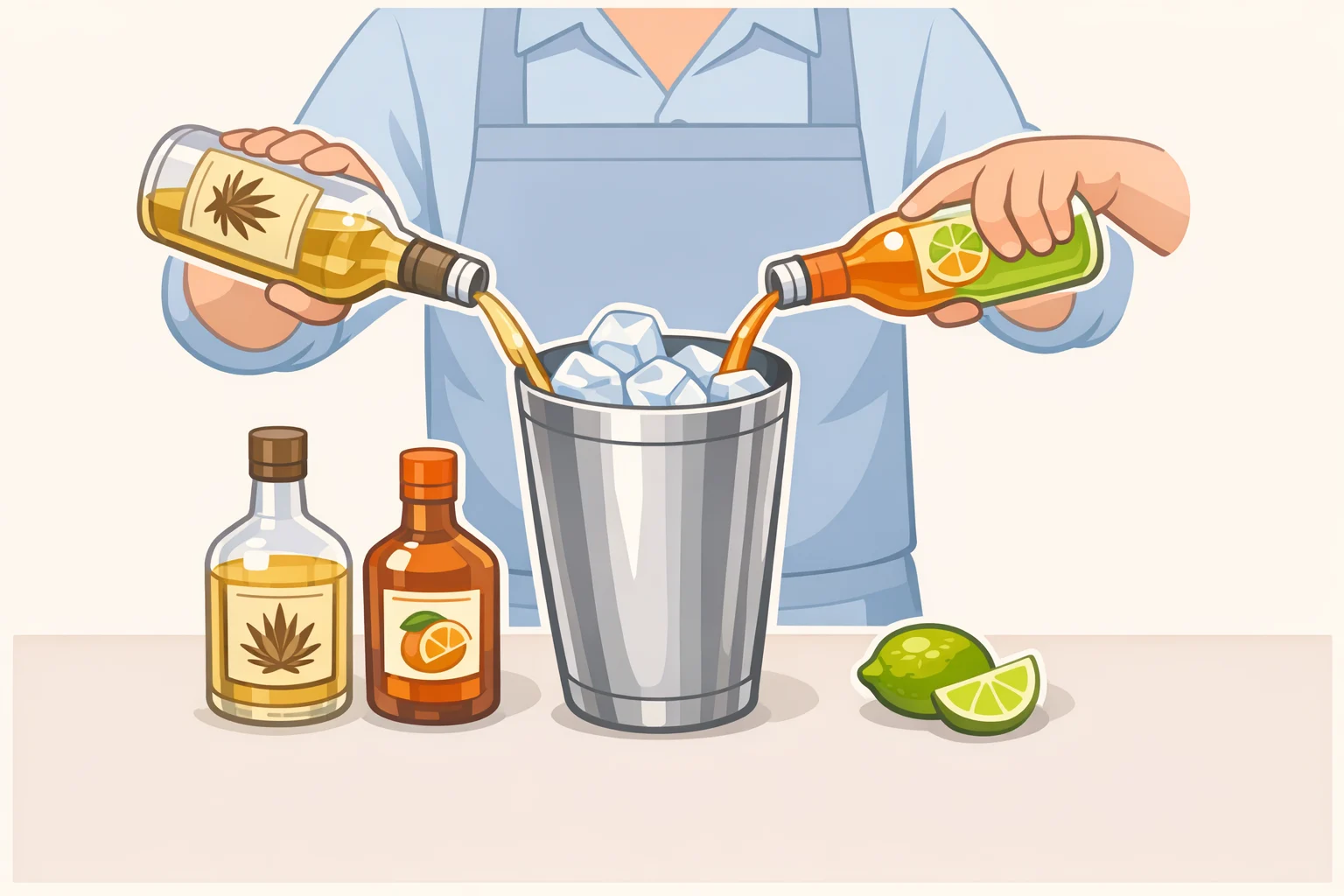 Illustration of the 2:1:1 ranch water base being measured and shaken with ice in a cocktail shaker