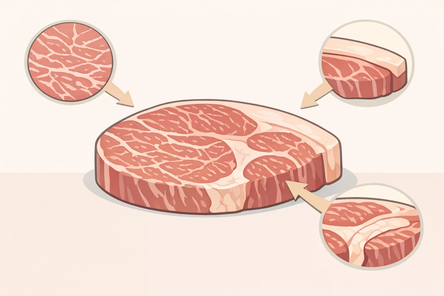 Close-up guidance for selecting chuck eye steak: even fine marbling throughout the lean, at least 1 inch thick, and avoiding large hard fat deposits or rubbery connective tissue streaks (best beef cut instead of ribeye)