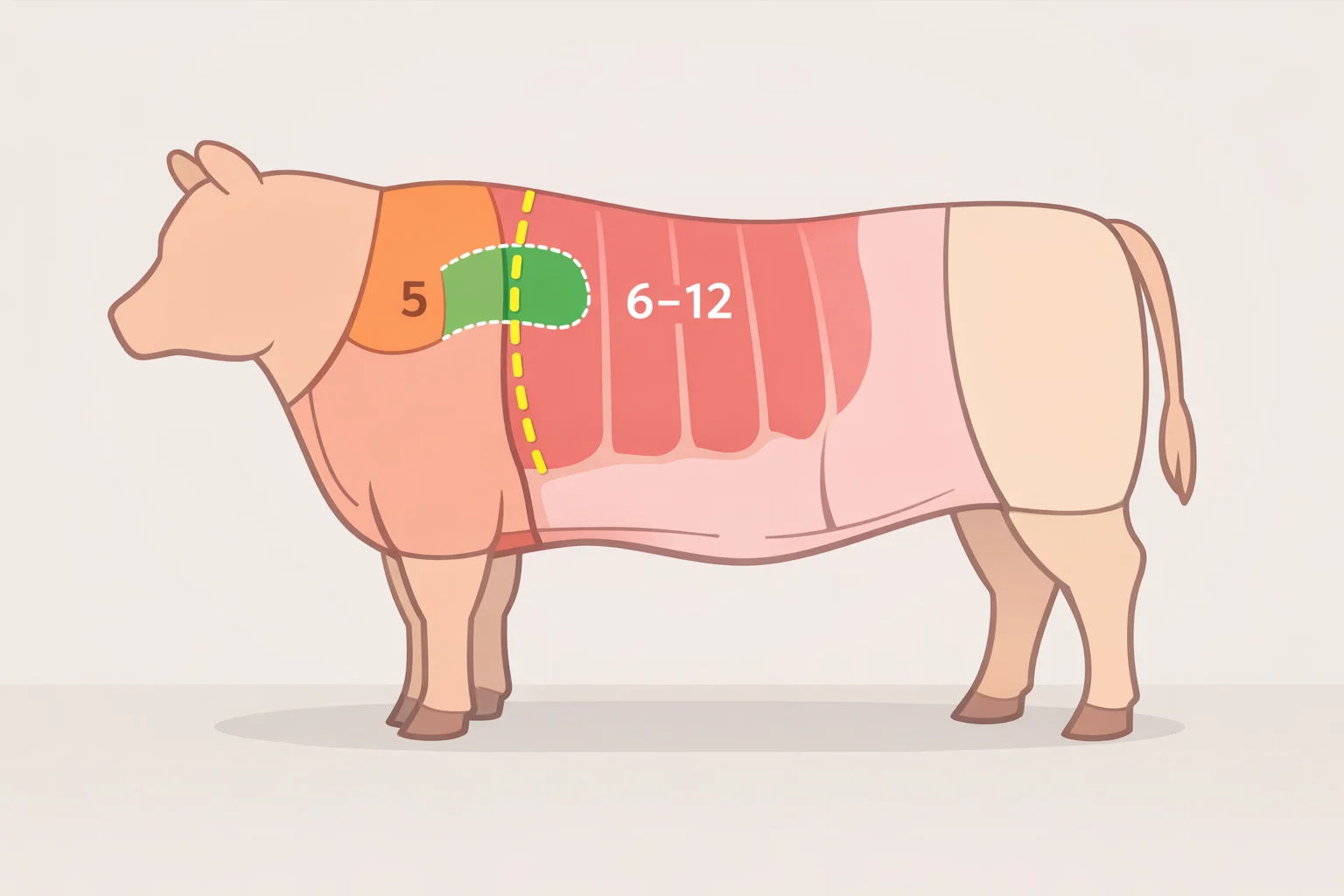 Diagram of beef primal sections showing chuck eye from rib five at the shoulder-rib hinge point, compared with ribeye from ribs six through twelve