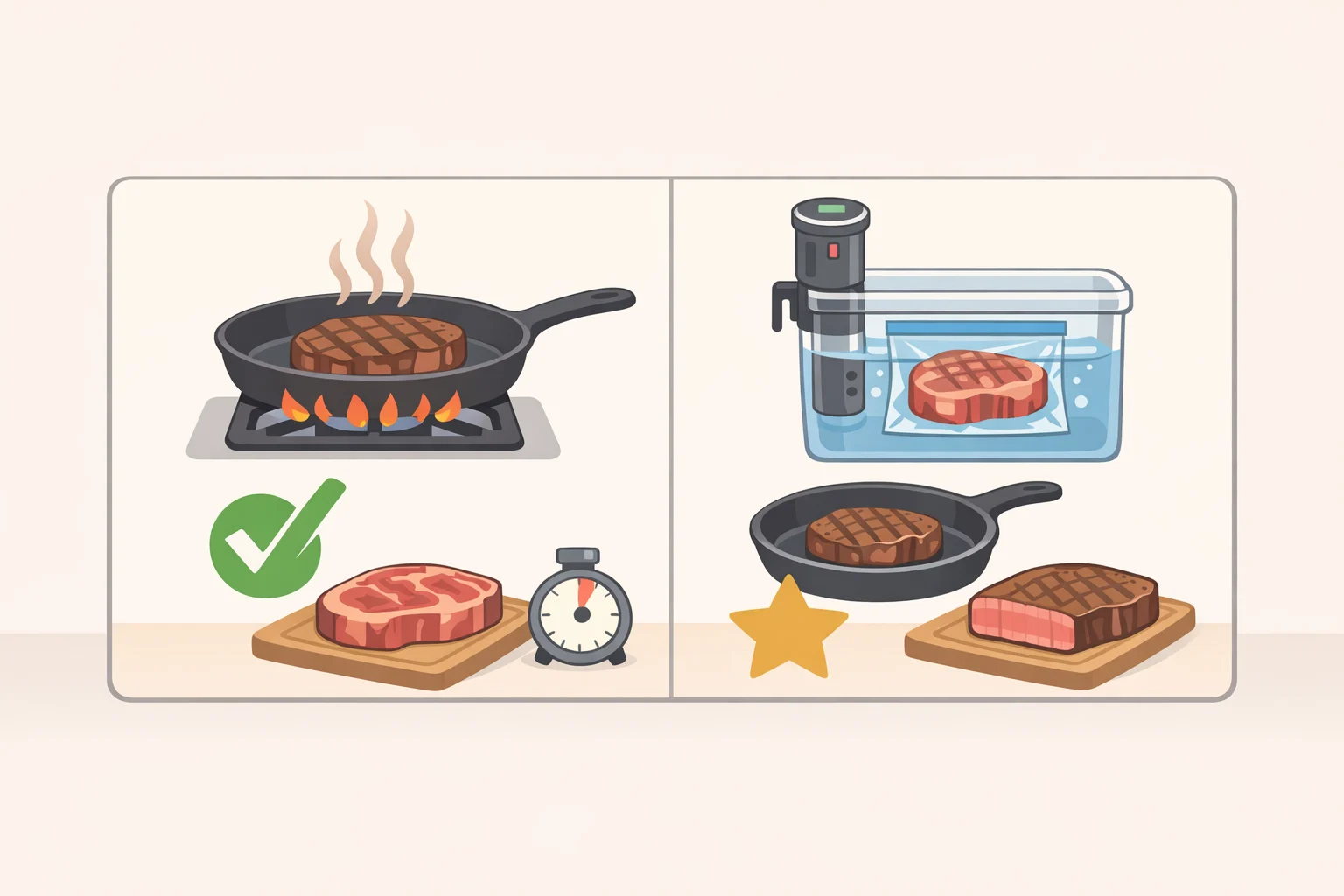 Comparison of cooking steps for chuck eye: high-heat sear for well-marbled steaks versus sous vide then searing for steaks with connective tissue or uneven fat