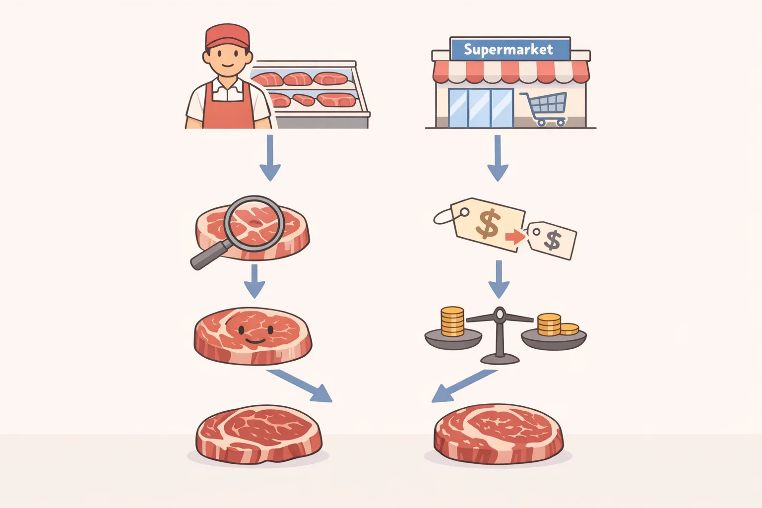 Decision flowchart for when to choose chuck eye over ribeye based on full-service butcher access, acceptable marbling, meaningful weekly price difference, and consistency needs