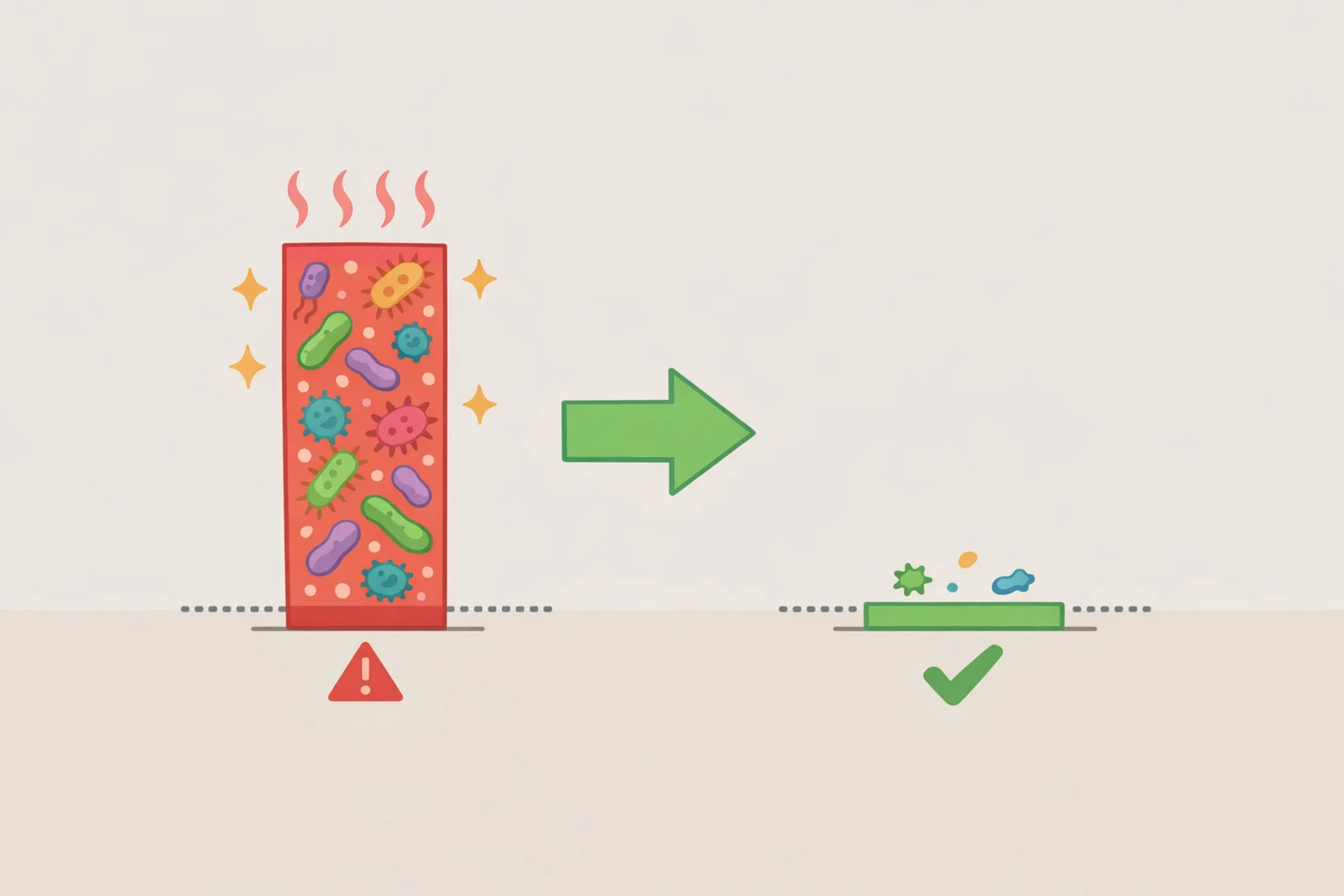 Before-and-after graph of microbial load in a water bottle showing reduction to 11.2 CFU/ml after a standard cleaning intervention